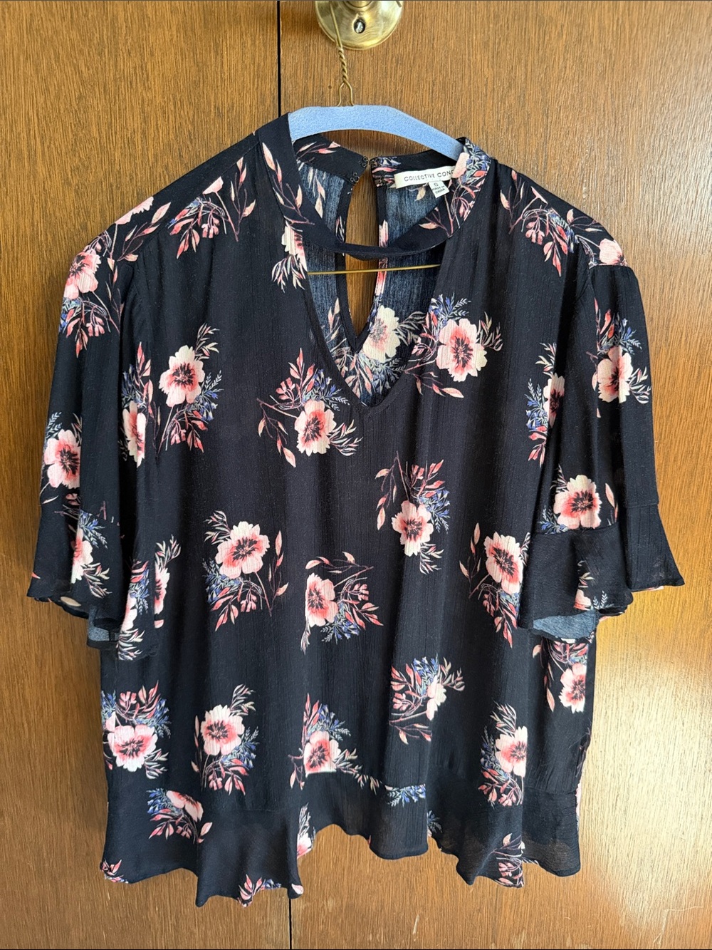 Collective Concepts Black Floral V-Neck Ruffle Sleeve Blouse